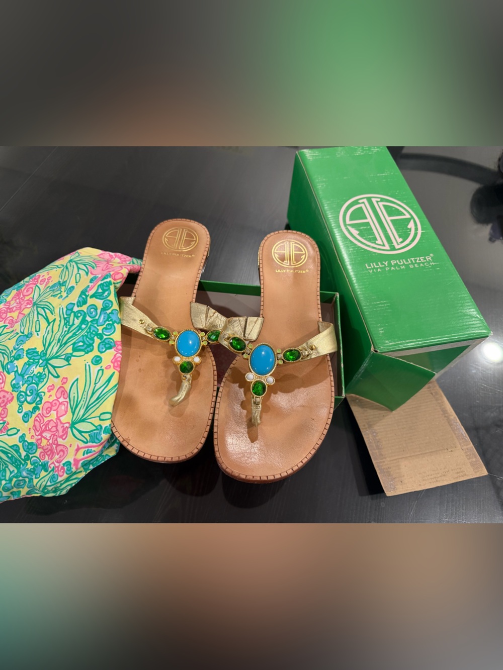 Lilly Pulitzer Gold Leather Jeweled Thong Sandals with Blue & Green Gems